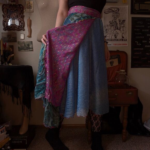 Silk Sari Wrap Around Magic Skirt Women's One Size Pink Blue Reversible Maxi - Picture 8 of 13
